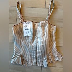 Zara Beige Gingham Ruffle Hem Top